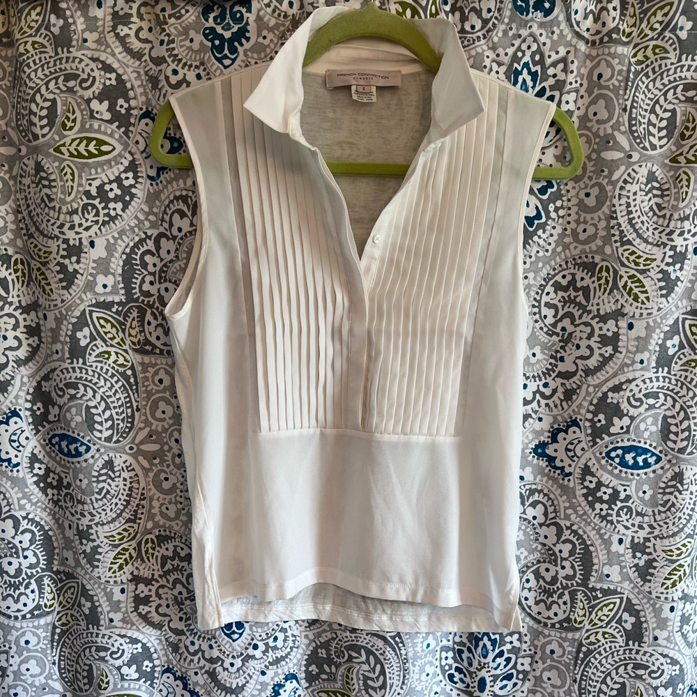 French Connection Cream Pleated Sleeveless Blouse with Bib Collar